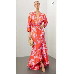 ANDRES OTALORA Orange Purple Floral V-Neck Heliconia Ruffle Satin Gown size 4